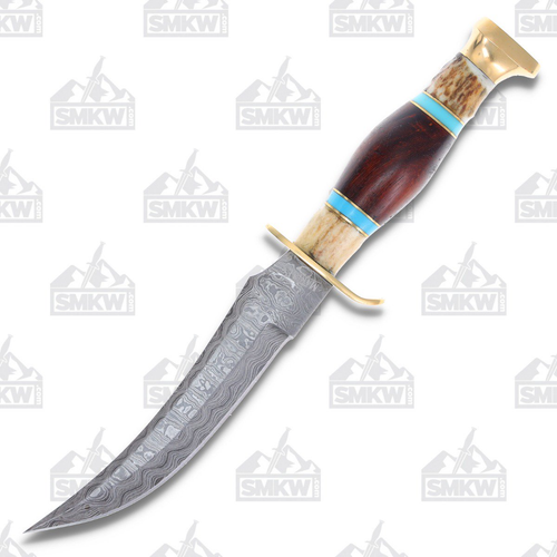 Marbles Damascus Skinner 5.5in Fixed Blade Wood and Stag Knife MR...
